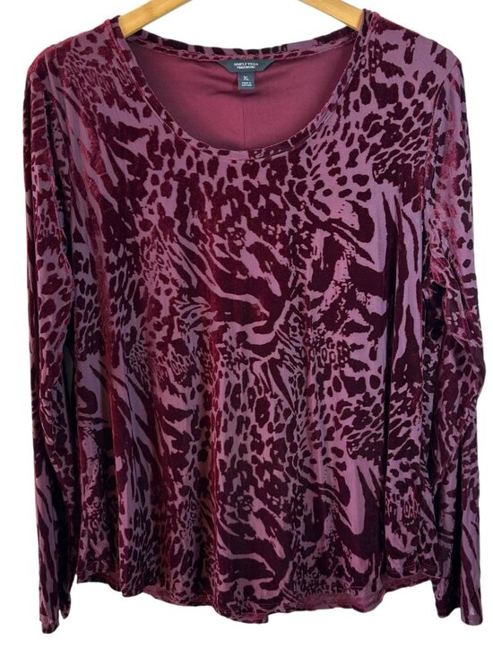 Simply Vera Wang Velvet Burnout Top Plum Animal Print Long Sleeve XL - Picture 2 of 5